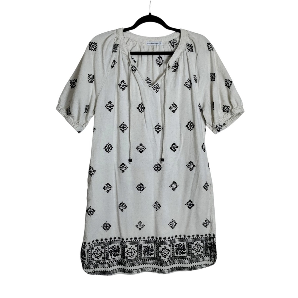 Figueroa & Flower Embroidered Linen Blend Shift Dress Cream Black L